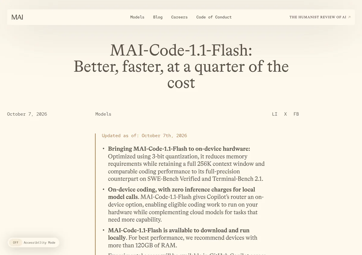 Microsoft AI announcement page for MAI-Code-1.1-Flash dated October 7, 2026, claiming a quarter of the cost of the June model, a 22% Terminal-Bench 2.1 improvement and 25% fewer tokens