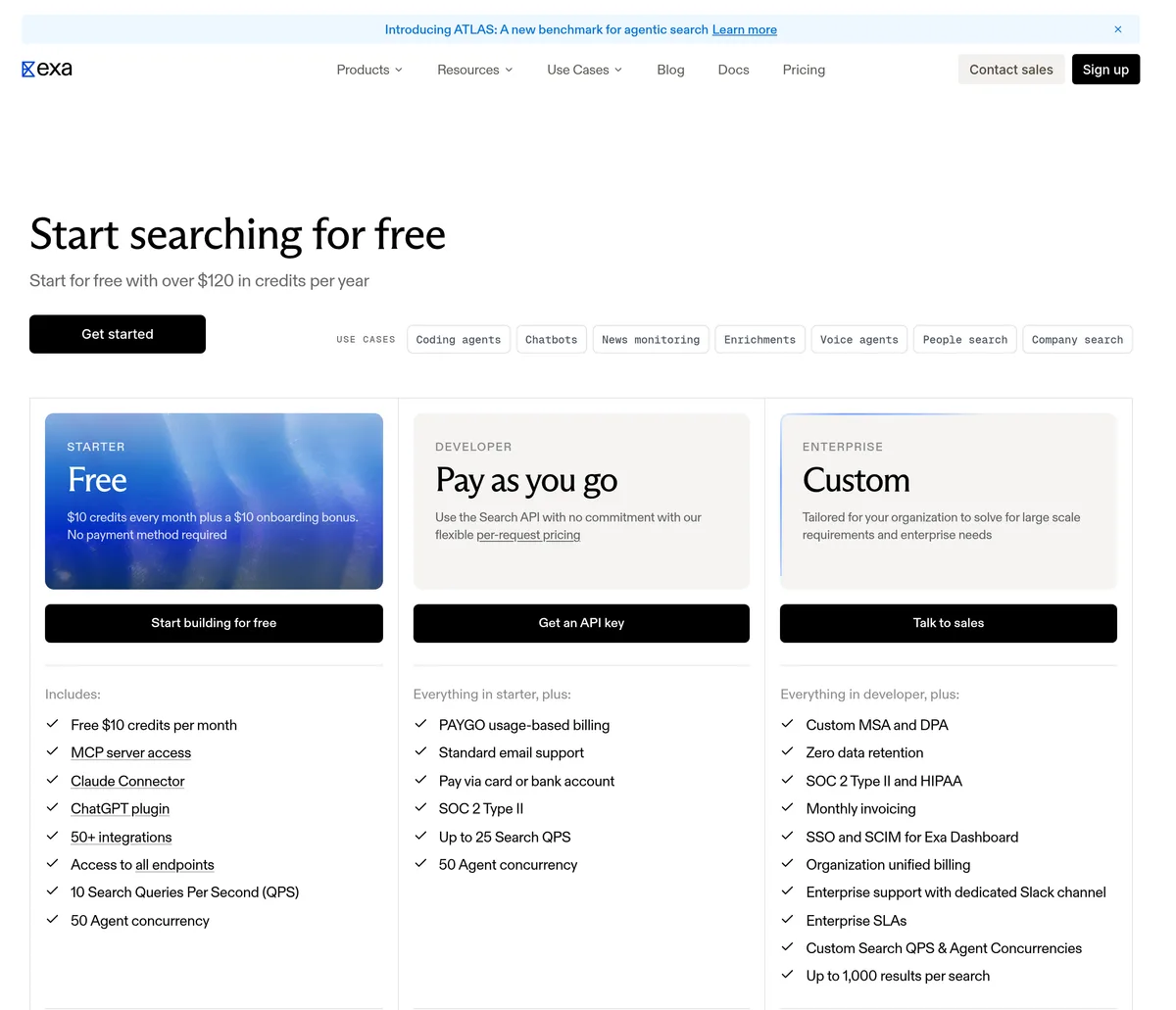 Exa pricing page: free Starter plan with $10 credits every month plus a $10 onboarding bonus, Developer pay-as-you-go plan, and custom Enterprise plan.