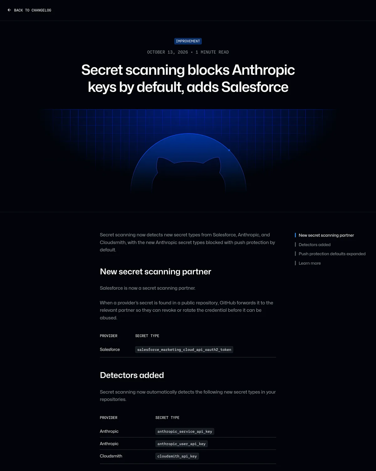 GitHub changelog, October 13, 2026: secret scanning blocks Anthropic keys by default and adds Salesforce as a partner