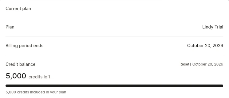 Lindy Billing page: current plan Lindy Trial, billing period ends October 20, 2026, credit balance 5,000 credits left, 5,000 credits included in your plan.
