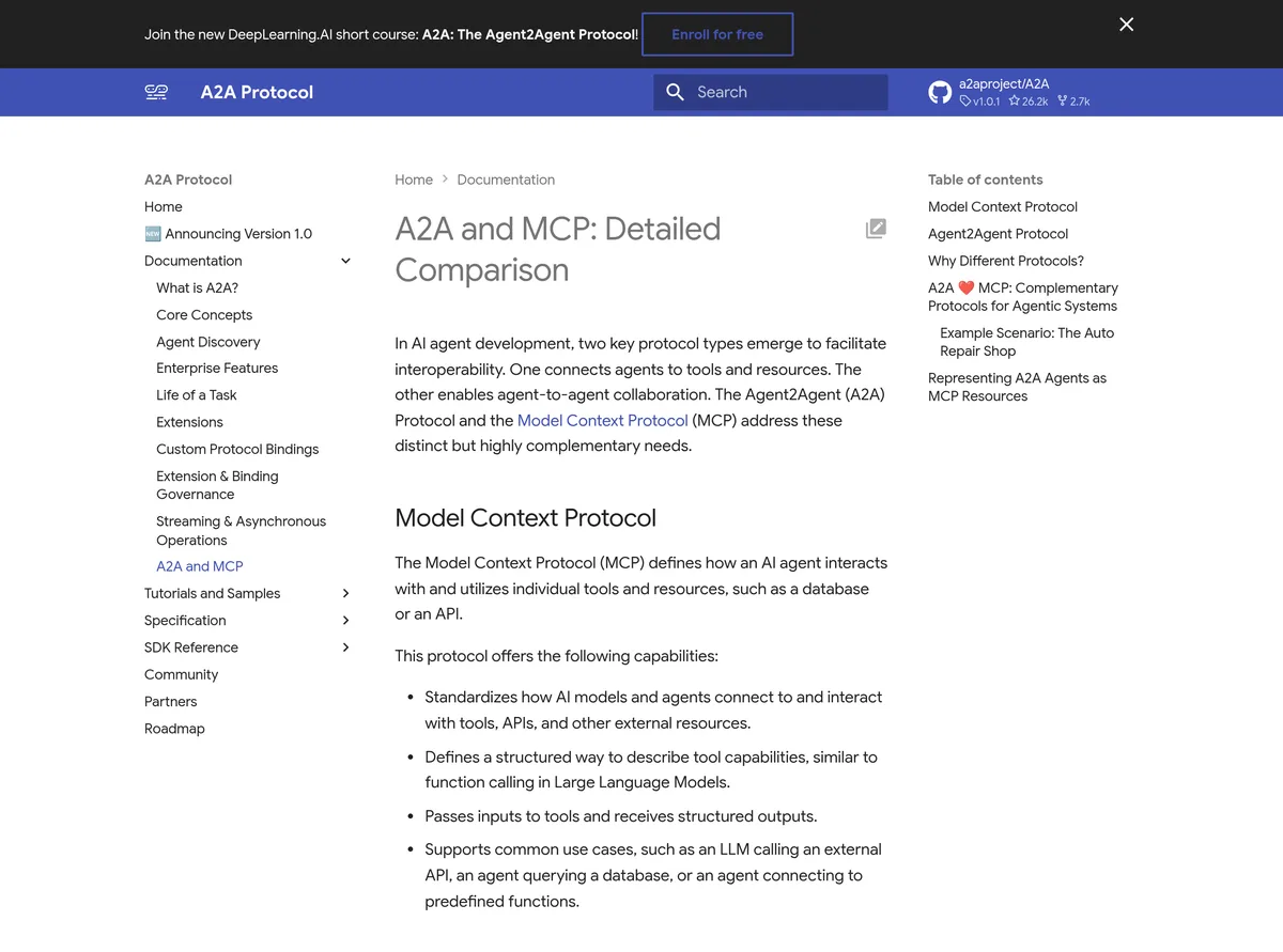 A2A protocol docs page describing MCP and A2A as addressing distinct but highly complementary needs